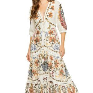 FARM Rio Boho Glam Maxi Dress White Dress with Multicolor Floral Embroidery
